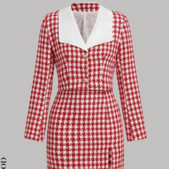SHEIN MOD HOUNDSTOOTH PRINT CONTRAST COLLAR JACKET & SPLIT HEM SKIRT Suit - Picture 3 of 5